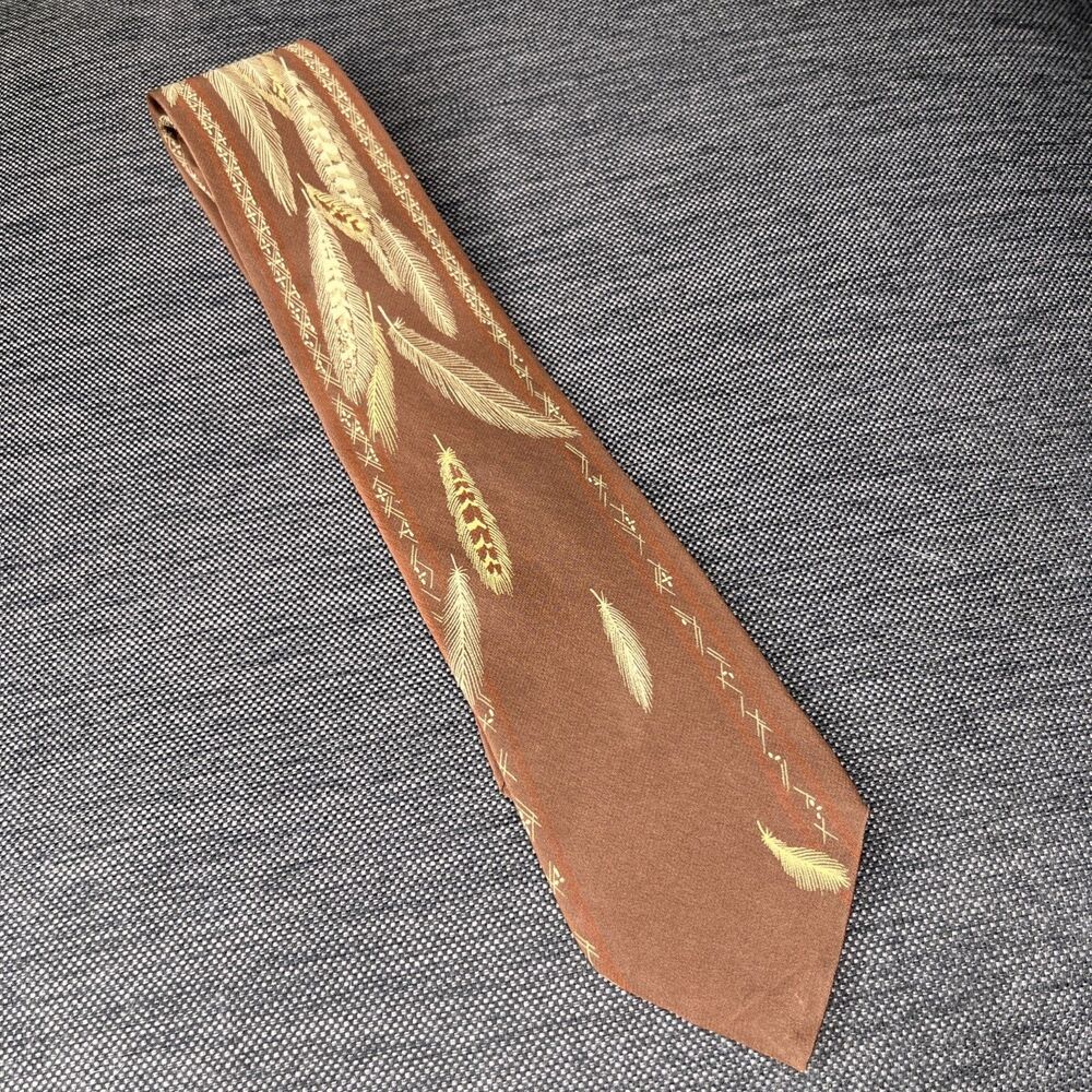 Vintage Vitaliano Pancaldi Cascading Feather 100% Silk Tie Tan Cream 3.25" x 58"